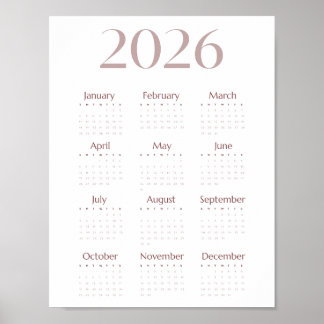 Poster Calendrier minimaliste 2026 sur une seule feuille