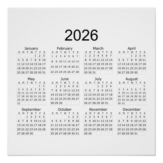 Poster Calendrier minimaliste simple 2026 (Devant)