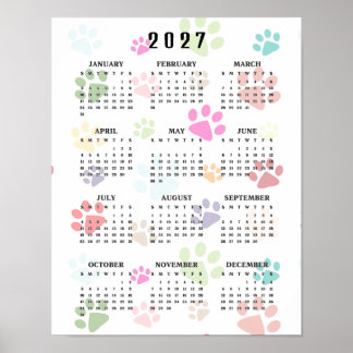 Poster Calendrier mural 2027 Empreintes de pattes colorée