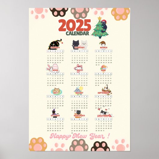 Poster Calendrier mural Bonne année du chat 2025 pour les (Devant)