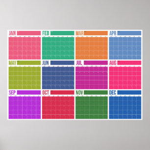 Poster Calendrier mural coloré non daté d'une année en un