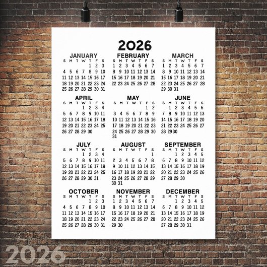 Poster Calendrier - Noir et Blanc Minimal Basique