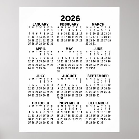 Poster Calendrier - Noir et Blanc Minimal de Base (Devant)
