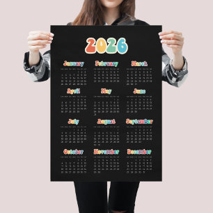 Poster Calendrier noir Hippie 2025 des années 60 rétro