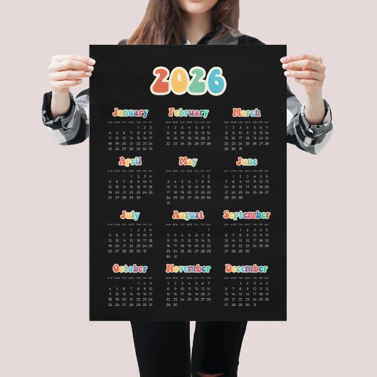 Poster Calendrier noir Hippie 2025 des années 60 rétro
