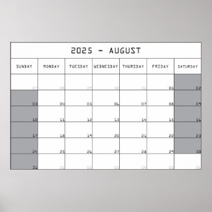 Poster calendrier planificateur août 2025 grand espace de