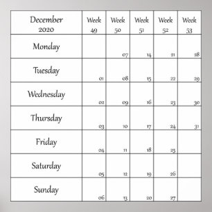 Poster calendrier planificateur décembre 2020 avec numéro