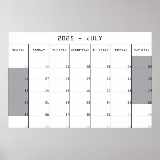 Poster calendrier planificateur juillet 2025 grand espace (Devant)