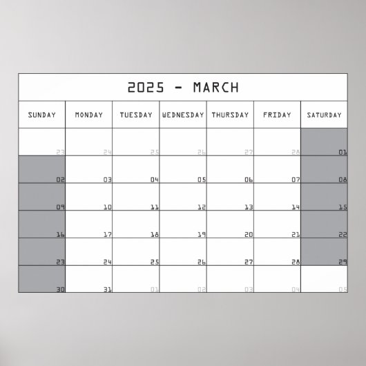 Poster calendrier planificateur mars 2025 grand espace de (Devant)