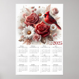 Poster Calendrier Red Roses, Daisies et Cardinal 2025