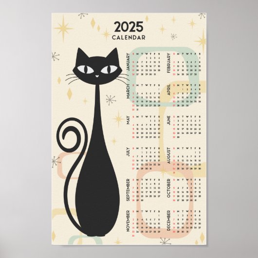 Poster Calendrier rétro atomique 2025 Chat noir milieu du (Devant)