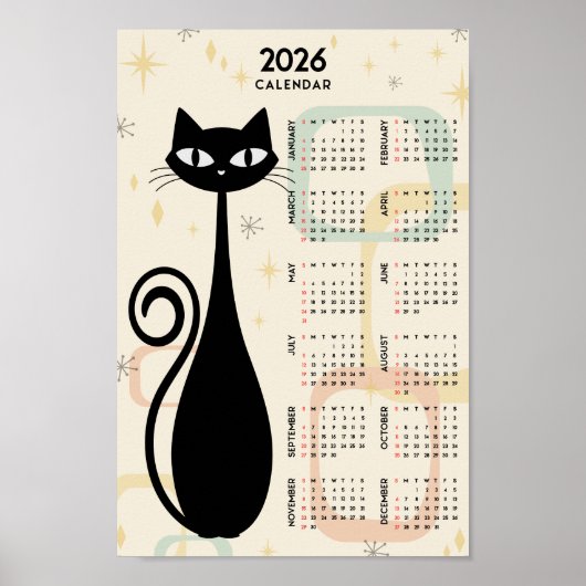 Poster Calendrier rétro atomique Black Cat Mid Century 20 (Devant)