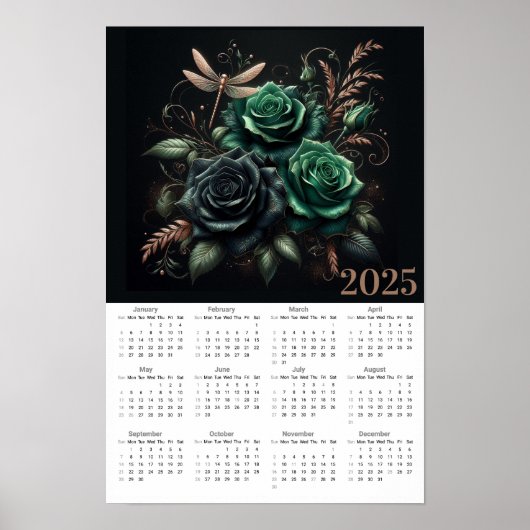 Poster Calendrier roses et libellules 2025 (Devant)
