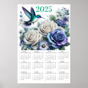 Poster Calendrier roses, marguerites et colibris 2025