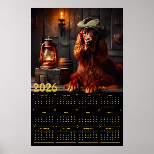 Poster Calendrier rustique 2026 de l'Irish Setter en bére (Devant)