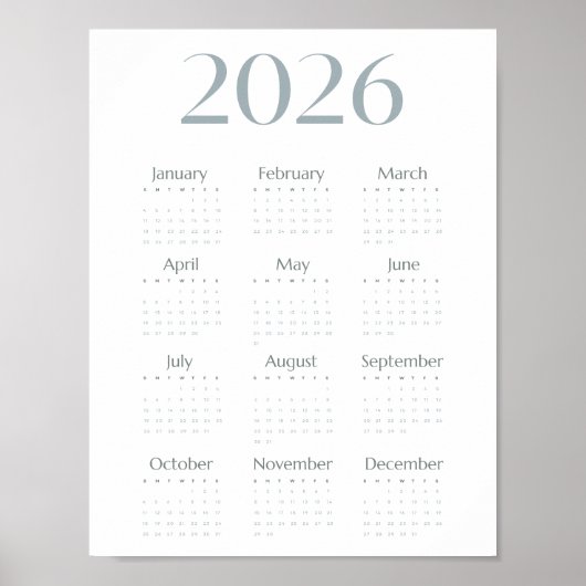 Poster Calendrier simple 2026 bleu-gris moderne sur une p (Devant)