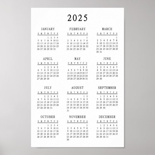 Poster Calendrier simple de base noir et blanc classique (Devant)