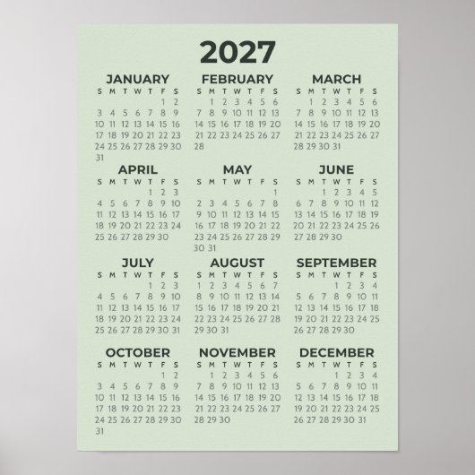 Poster Calendrier Simple de Base Vert Sauge 2027 (Devant)