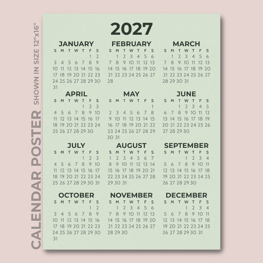 Poster Calendrier Simple de Base Vert Sauge 2027