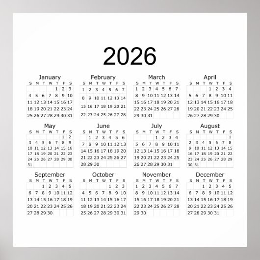 Poster Calendrier Simple Minimaliste 2026 (Devant)