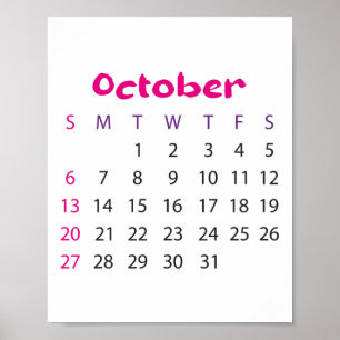Poster Calendrier simple rose octobre 2023