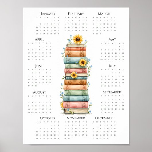 Poster Calendrier sur une page 2026 Livres empilés et tou (Devant)