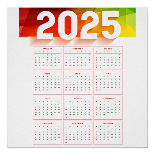 Poster Calendrier vertical minimal annuel complet 2025 (Devant)
