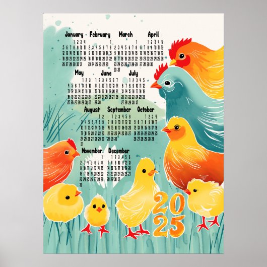 Poster Calendrier Whimsical Poulet 2025 Cute Chicks Paste (Devant)