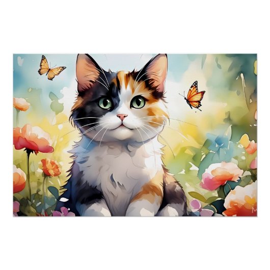 Poster Calico Cat dans le jardin de printemps avec papill (Devant)