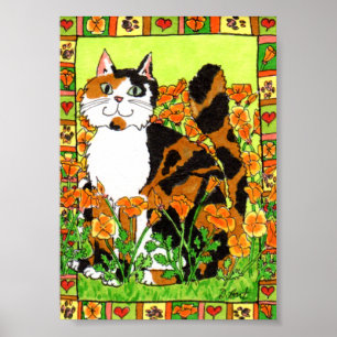 Poster Calico Chat avec California Poppies Folk Art