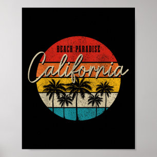 Poster California Beach Paradise Palmiers Vintages Surfe