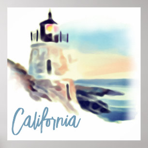 Poster California Lighthouse Sunset Painting Fine Art