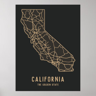 Poster California US State road map - golden state map