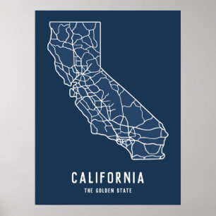 Poster California US State road map - golden state map