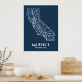 Poster California US State road map - golden state map (Cuisine)