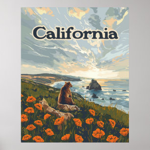Poster Californie Bear Poppies Fleurs Côte Retro