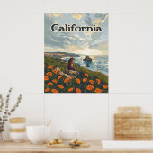 Poster Californie Bear Poppies Fleurs Côte Retro (Cuisine)