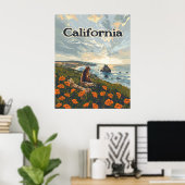 Poster Californie Bear Poppies Fleurs Côte Retro (Bureau à domicile)