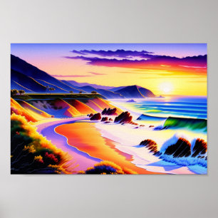 Poster Californie Coastline Sunset Watercolor