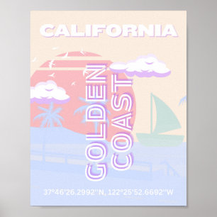 Poster Californie, Plage, Art du voyage, Preppy, Pastel