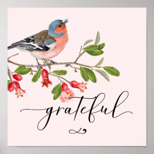 Poster Calligraphie Aquarelle gracieuse Oiseau Fleur rose