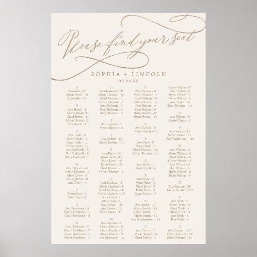Poster Calligraphie d'or romantique | Carte des sièges en (Devant)