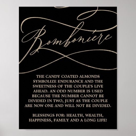 Poster Calligraphie d'or romantique Mariage noir Bombonie (Devant)