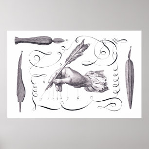 Poster Calligraphie, écrivant - 18ème C. Engraving beau