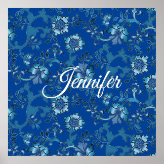 Poster Calligraphie Elégant bleu Floral Nom personnalisé