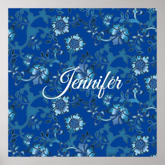 Poster Calligraphie Elégant bleu Floral Nom personnalisé (Devant)