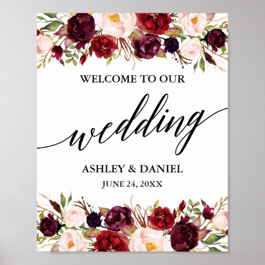 Poster Calligraphie Floral Bourgogne Mariage Bienvenue (Devant)