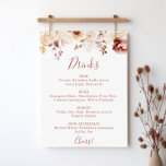 Poster Calligraphie Graceful Floral Mariage Boissons Menu<br><div class="desc">Cette calligraphie,  gracieuse affiche du menu des boissons à mariages floraux,  est parfaite pour un mariage rustique. Le design présente une aquarelle dainty blanche,  bordeaux,  roses roses roses et feuilles d'automne.</div>