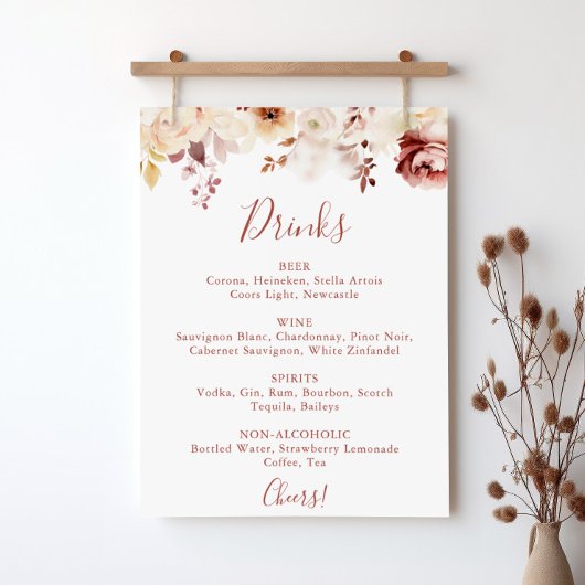 Poster Calligraphie Graceful Floral Mariage Boissons Menu
