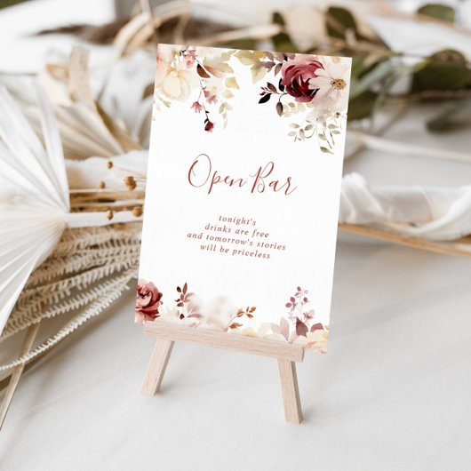 Poster Calligraphie Mariage floral gracieux Open Bar Sign